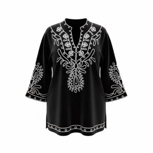 Black Velvet Tunic Blouse With Decorative Cord Trim Size L Boho Folk Statement